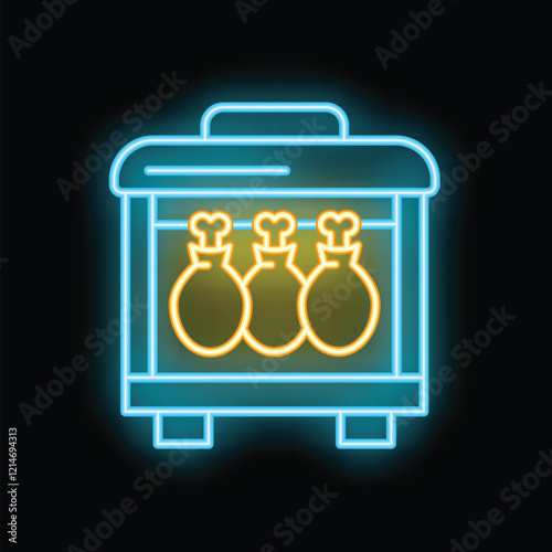 Glowing neon line street food kiosk with chicken legs icon isolated on black background