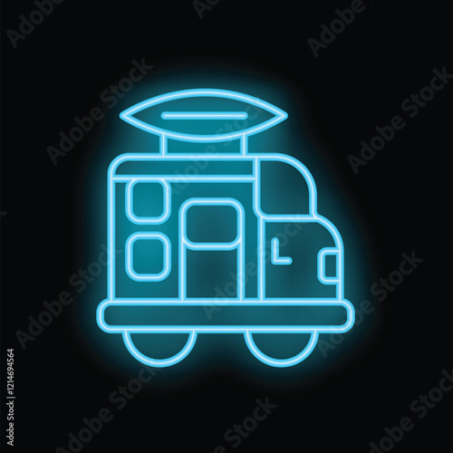 Bright blue neon sign depicting a camper van carrying a surfboard on its roof, evoking adventure and travel