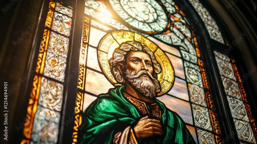 A stained glass artwork depicting Saint Patrick with intricate patterns and vibrant colors, illuminated by soft sunlight streaming through windows.