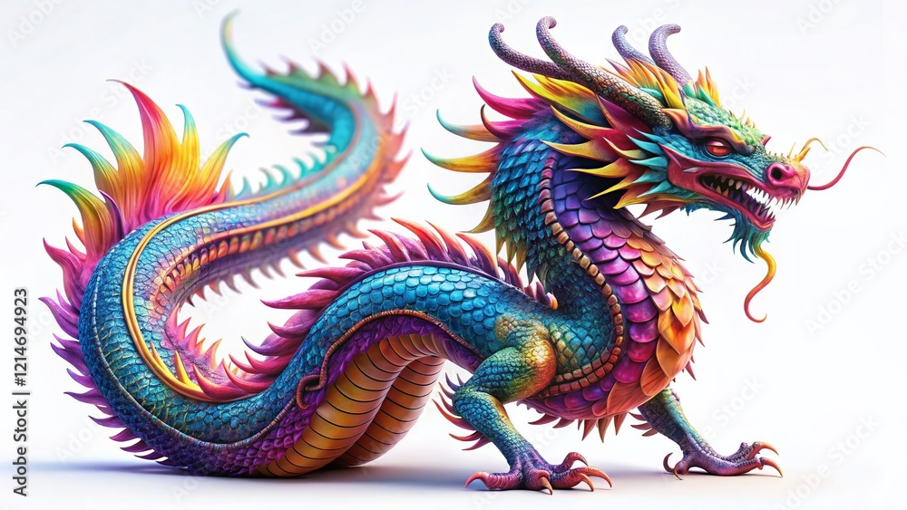 Fototapeta premium Surreal Isolated Dragon, White Background, Clipping Path - Fantasy Creature Stock Photo