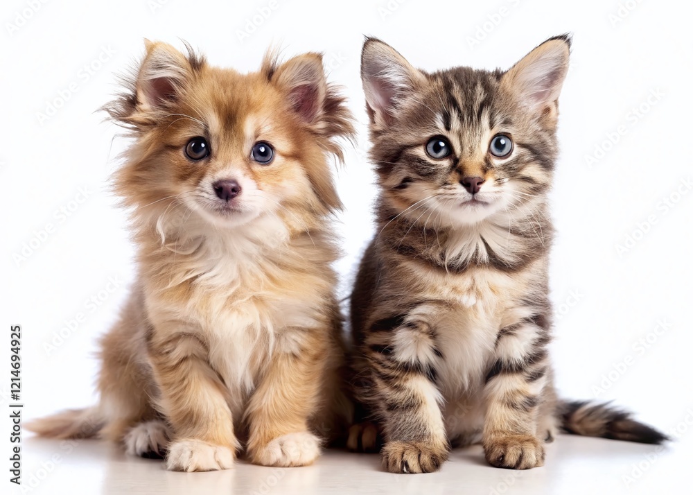 Adorable Kitten and Puppy Posing Together, White Background Stock Photo Adorable Kitten and Puppy Posing Together, White Background Stock Photo