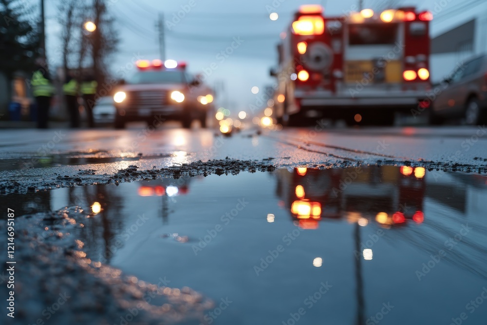 Naklejka premium A striking portrayal of emergency lights reflected in puddles on city streets, showcasing the dramatic interplay of fire and urban life amidst tension and urgency.