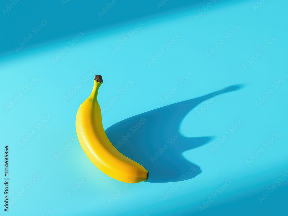 Fresh banana on blue surface with sharp shadows creating visual interest, culinary, ripe, breakfast, color Fresh banana on blue surface with sharp shadows creating visual interest, culinary, ripe, breakfast, color
