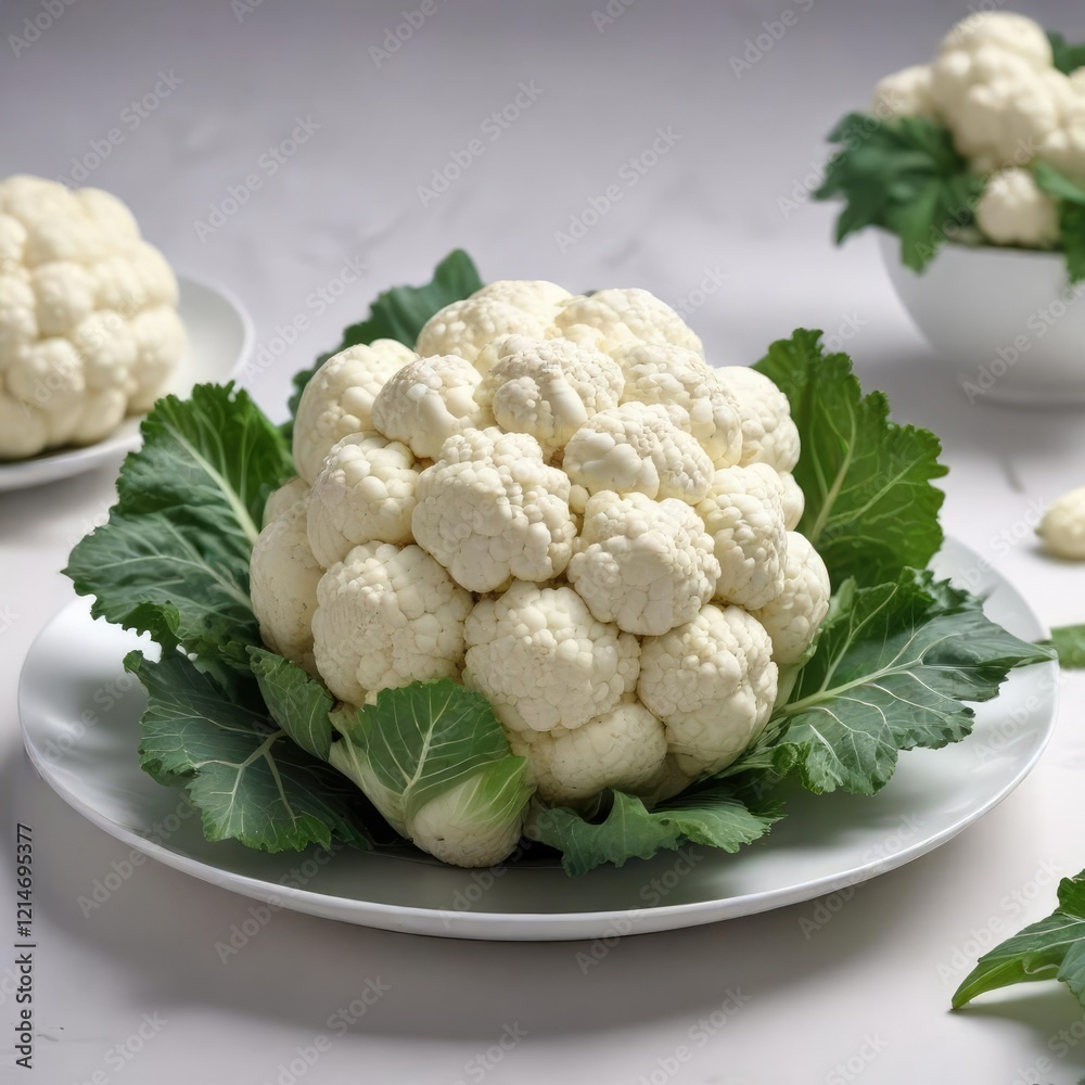 Fresh cauliflower with intact leaf on a white plate, florets, vegetable dish Fresh cauliflower with intact leaf on a white plate, florets, vegetable dish