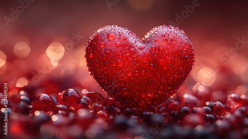 A close-up view of a red heart surrounded by tiny water droplets, ideal for use in romantic and sentimental contexts