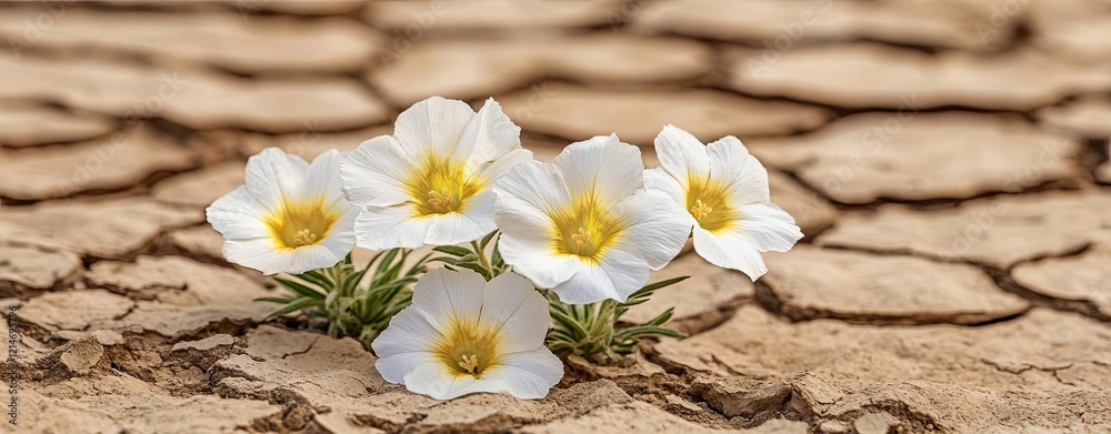 Obraz premium Delicate flowers blooming on dry soil.