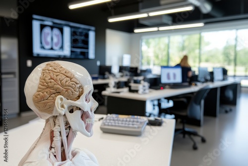 A sophisticated laboratory showcasing a brain model next to computer screens displaying advanced imaging, emphasizing the importance of neuroscience and education. photo