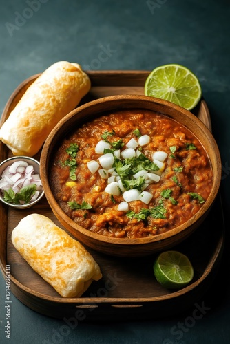 Bowl of Pav Bhaji served with bread. Spicy Indian dish. Traditional Indian food. Restaurant food. Street food concept. Variety of Indian spices. Fresh ingredients. High quality food. Delicious dish. photo