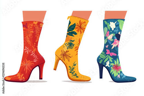 Shoe, boots, footwear. Women, female, girls shoes. Feet, legs walking in elegant closed toe high heel shoes pump and colored print socks. Fashion style shoe . Color Isolated flat vector illustration photo