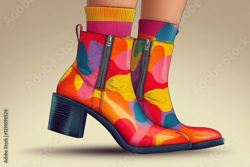 Shoe, boots, footwear. Women, female, girls shoes. Feet, legs walking in elegant closed toe high heel shoes pump and colored print socks. Fashion style shoe . Color Isolated flat vector illustration photo