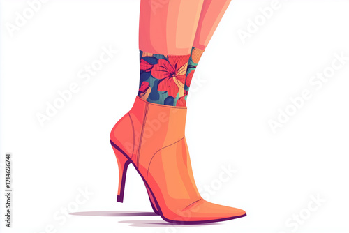 Shoe, boots, footwear. Women, female, girls shoes. Feet, legs walking in elegant closed toe high heel shoes pump and colored print socks. Fashion style shoe . Color Isolated flat vector illustration photo