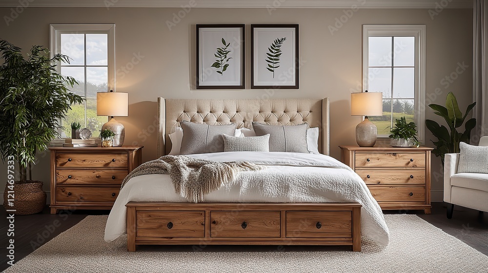Obraz premium Elegant bedroom with neutral-toned furniture, a beige upholstered headboard, warm wood nightstands, crisp white linens, soft gray cushions, and a cozy woven throw.