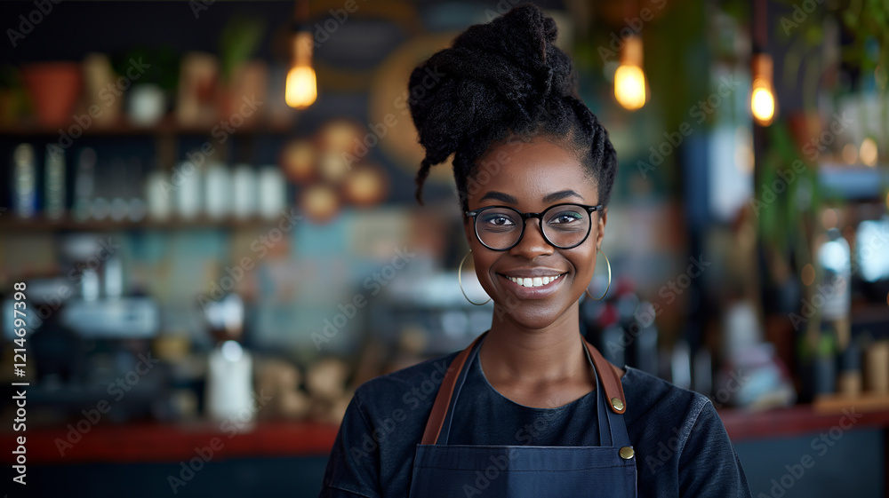 Fototapeta premium A smiling woman with glasses and apron stands in front of a counter