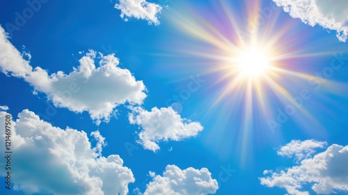 Radiant Summer Sunburst: A Celestial Tapestry of Blue Skies and Fluffy Clouds