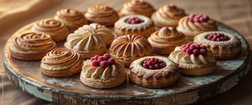 Rustic Holiday Pastries on Wooden Platter with Warm Lighting Rustic Holiday Pastries on Wooden Platter with Warm Lighting