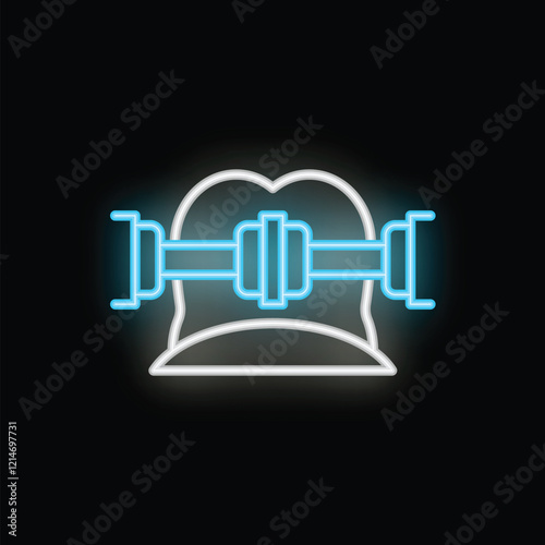 Glowing neon icon depicting the concept of technological singularity with a clamp holding an ai chip on a human head