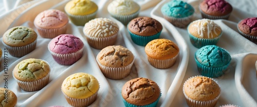 Assorted colorful muffins neatly arranged on soft fabric background