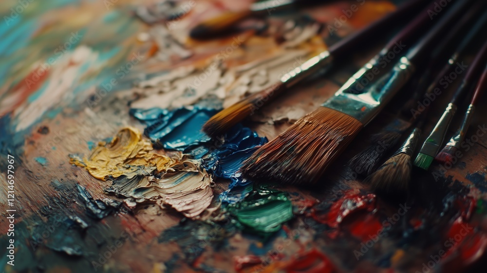Fototapeta premium Vibrant paintbrushes and oil paints on a wooden palette, showcasing creativity and artistic expression in a close-up view.