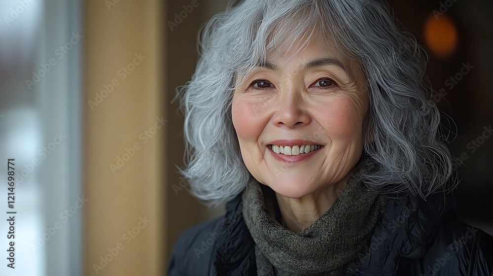 Smiling senior woman, cafe window, winter. Smiling senior woman, cafe window, winter.