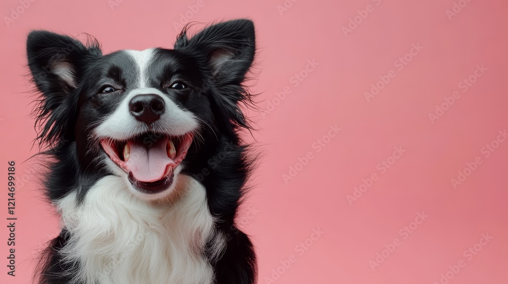 Smiling black and white border collie with tongue out, set against a vibrant pink backdrop, exuding joy and playfulness.