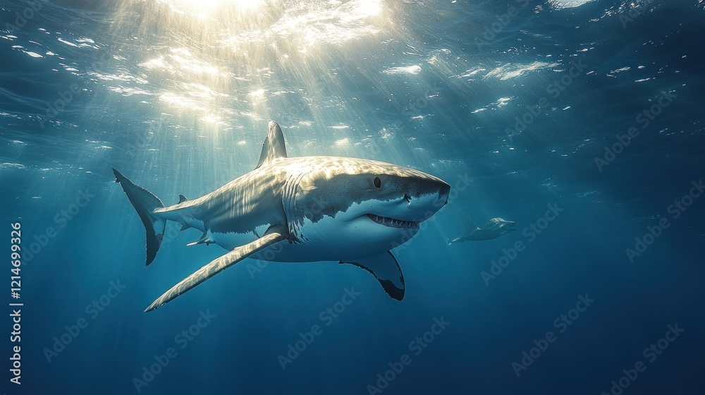 Obraz premium Great white shark and sun rays