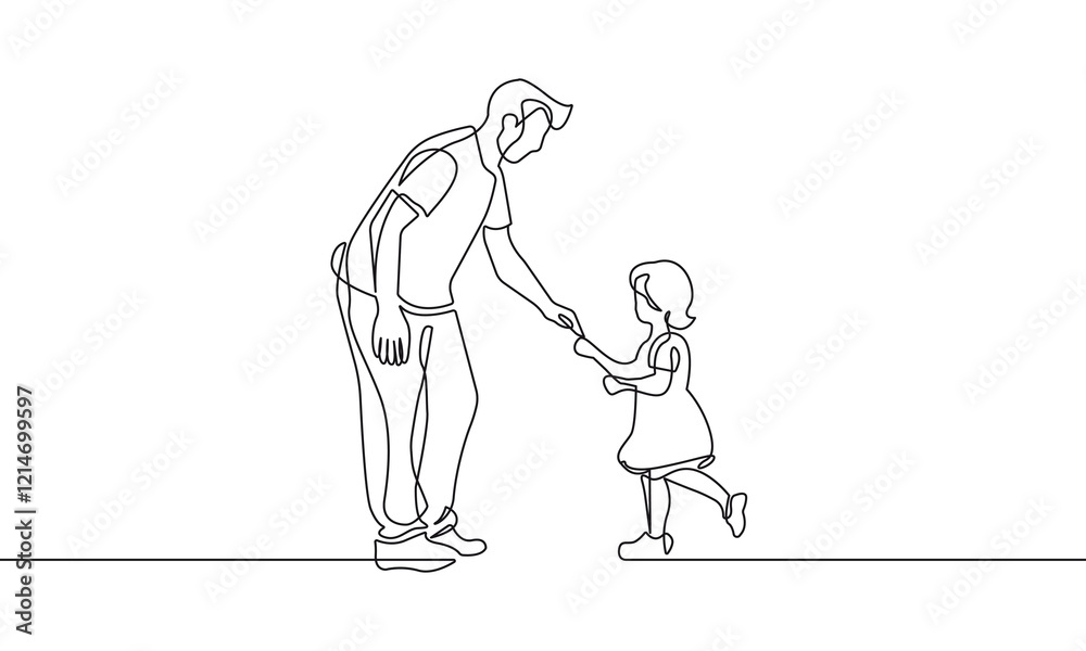 Obraz premium Father with Daughter One Line Vector Illustration. Continuous Single Line Drawing of Daddy Playing with Child. Happy Father`s Day Card with Hand Drawn Contour Silhouette Outline Style