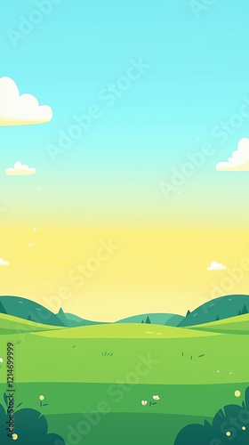 Illustration of green rolling hills under blue sky with scattered clouds in serene natural landscape