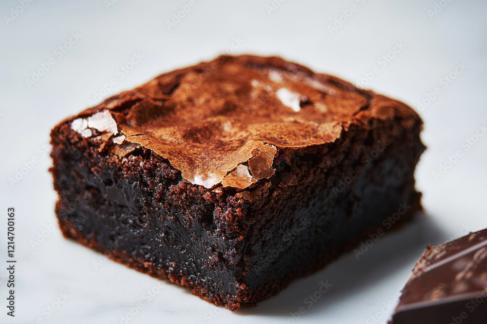 Indulgent chocolate brownie with glossy top and fudgy interior on clean background Indulgent chocolate brownie with glossy top and fudgy interior on clean background