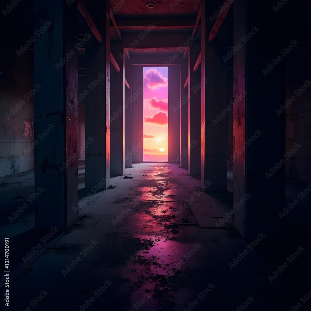 Fototapeta premium Enigmatic Abandoned Building Transformed by Vibrant Space Scene
