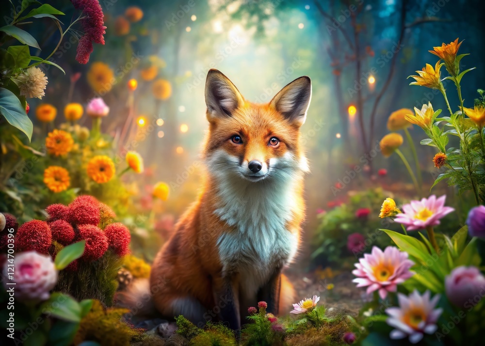 Fototapeta premium Surreal Red Fox in Garden: Magical Wildlife Encounter