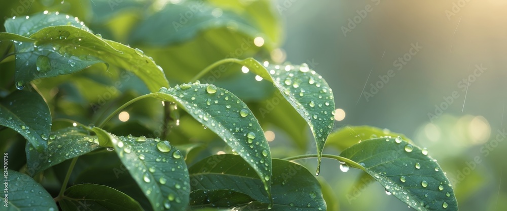 Lush Green Leaves with Water Droplets Highlighted in a Natural Setting Lush Green Leaves with Water Droplets Highlighted in a Natural Setting