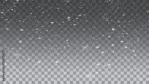 Snow. Vector heavy snowfall, snowflakes in various shapes and forms. Many white cold flakes elements on a transparent background.