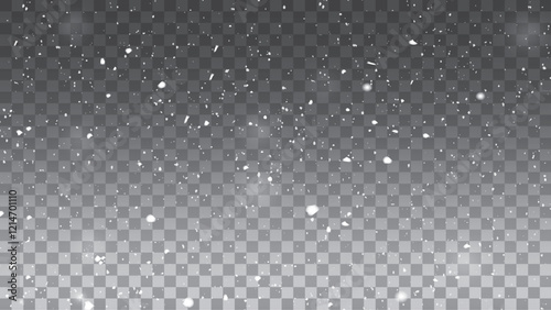 Snow. Vector heavy snowfall, snowflakes in various shapes and forms. Many white cold flakes elements on a transparent background.