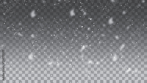 Snow. Vector heavy snowfall, snowflakes in various shapes and forms. Many white cold flakes elements on a transparent background.