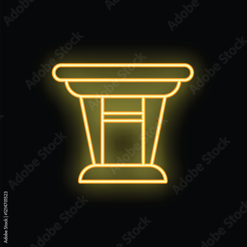 Glowing yellow neon sign of a tribune on a black background