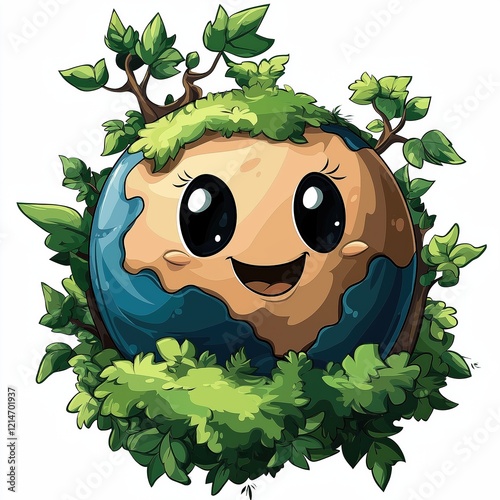 Smiling earth character surrounded by green leaves in cartoon style with cheerful expression and vibrant nature theme