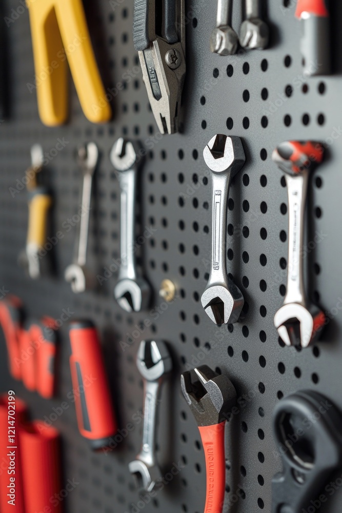 Fototapeta premium A collection of various tools and equipment hanging on a wall, possibly in a workshop or garage