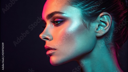 A captivating profile image showcases a welldefined cheekbone accentuated by a vibrant neon highlight that adds depth and dimension while the rest of the face recedes into soft