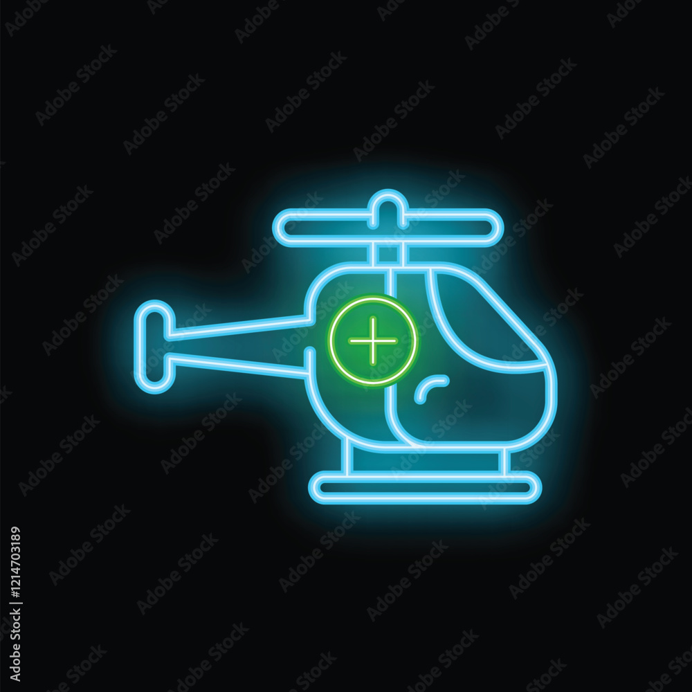 Neon medical evacuation helicopter icon glowing on a dark background Neon medical evacuation helicopter icon glowing on a dark background