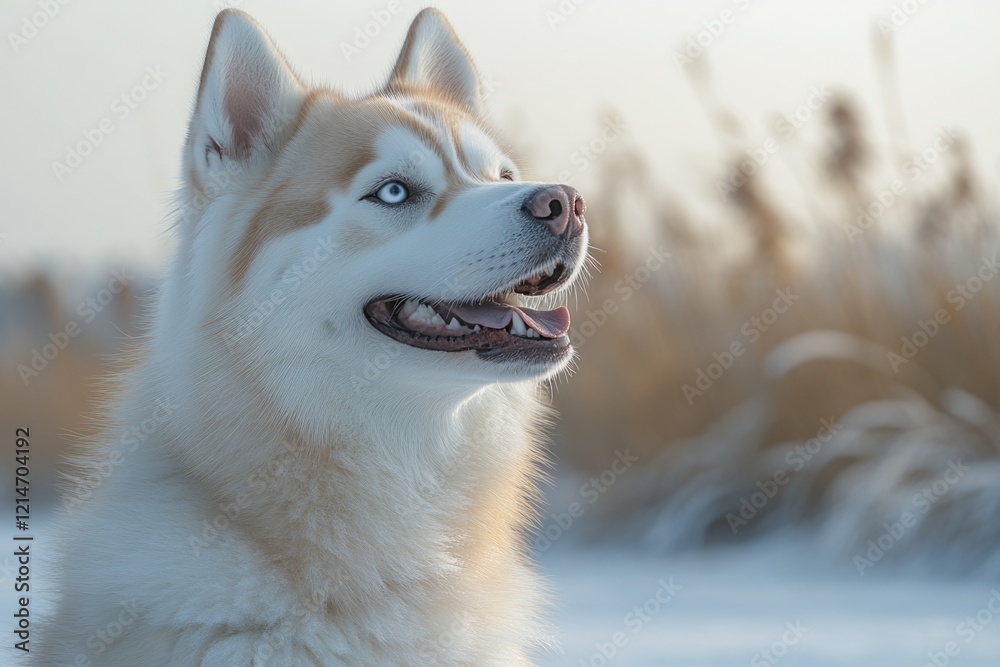 A white and brown husky dog stands in the snow, a beautiful winter scene A white and brown husky dog stands in the snow, a beautiful winter scene