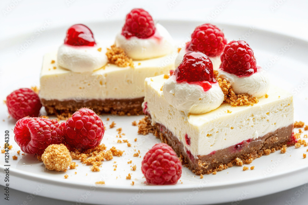 Deconstructed cheesecake with cream cheese, raspberries, and graham cracker crumbs served elegantly on a white plate Deconstructed cheesecake with cream cheese, raspberries, and graham cracker crumbs served elegantly on a white plate