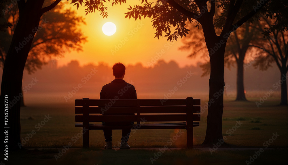 man sitting on bench at sunset Generative AI man sitting on bench at sunset Generative AI