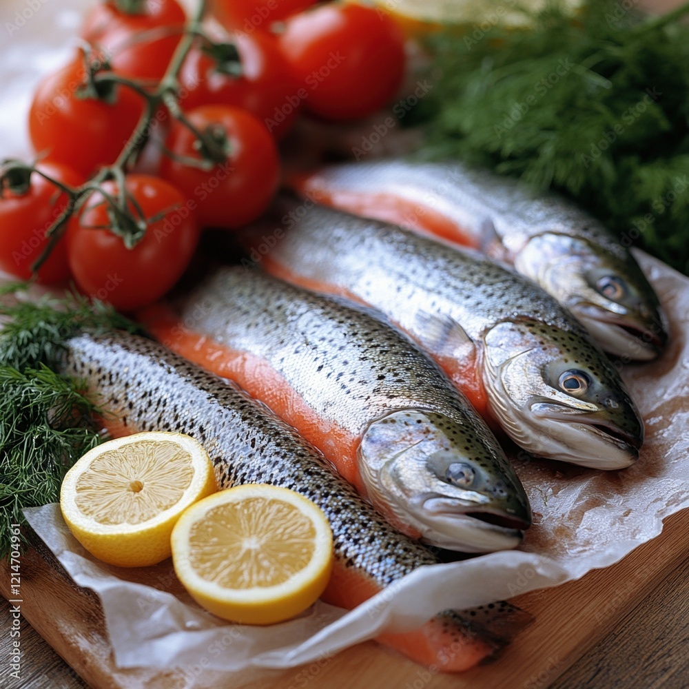 Fresh fish with tomatoes and lemon on a board. Fresh fish with tomatoes and lemon on a board.
