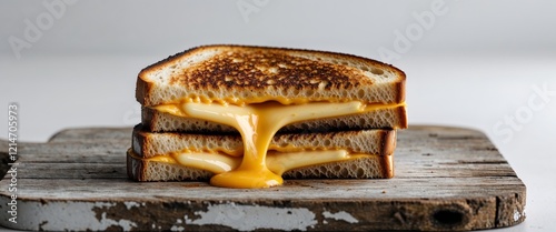 Delicious grilled cheese sandwich on rustic wooden board with melted cheese and crispy bread on a modern white backdrop photo