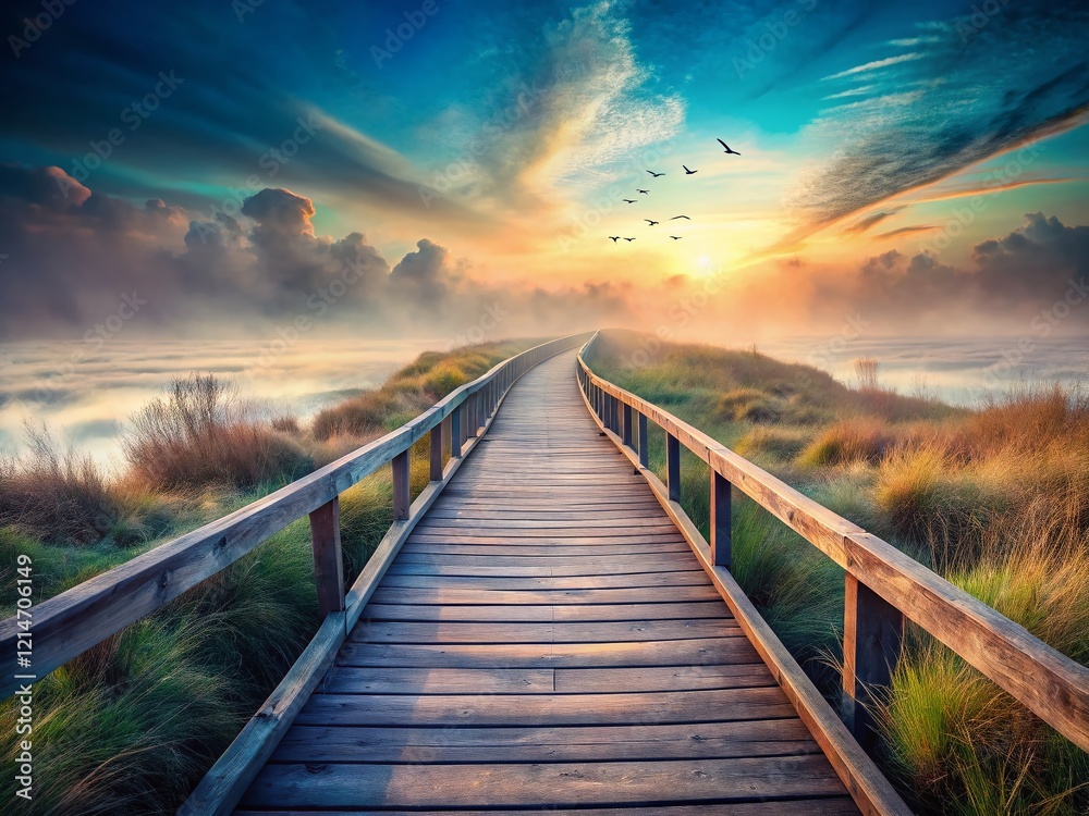 Fototapeta premium Surreal Wooden Walkway to Nowhere: Isolated Surreal Path in Dreamlike Landscape
