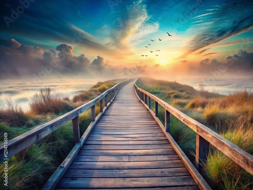 Wallpaper Mural Surreal Wooden Walkway to Nowhere: Isolated Surreal Path in Dreamlike Landscape Torontodigital.ca