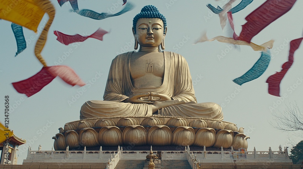 Fototapeta premium large, majestic Buddha statue seated in a lotus position, surrounded by colorful prayer flags fluttering in the wind. Buddha statue in Mahayana Buddhism 