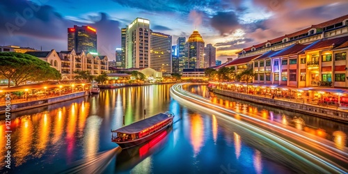 Clarke Quay Singapore Night Lights Long Exposure River Boats photo