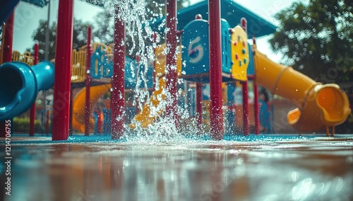 Wallpaper Mural A colorful children's playground with water splashes and slides, wide shot, daylight Torontodigital.ca