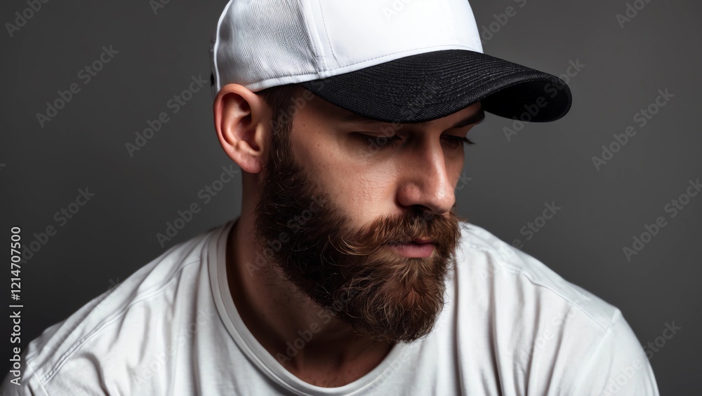 Hipster handsome male model with beard wearing white blank t-shirt and a baseball cap with space for your logo or design in casual urban style Hipster handsome male model with beard wearing white blank t-shirt and a baseball cap with space for your logo or design in casual urban style